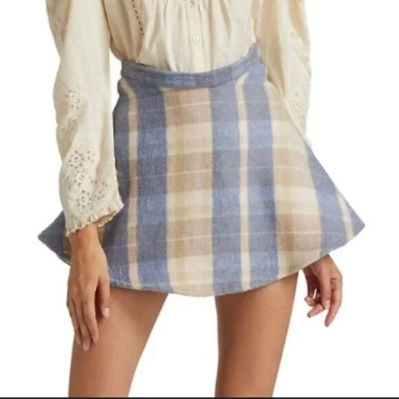 LoveShackFancy Blue and Tan Plaid Skater Skirt - Picture 1 of 13